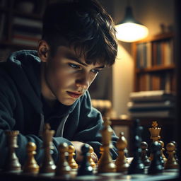 A teenage boy, around 16 years old, wearing a dark hoodie, is deeply focused on a chess game
