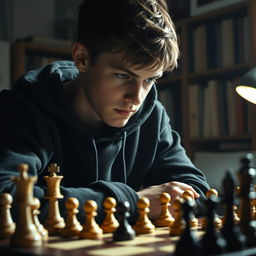 A teenage boy, around 16 years old, wearing a dark hoodie, is deeply focused on a chess game