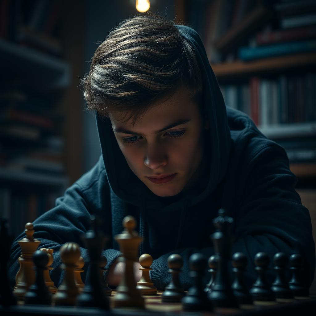 A teenage boy, around 16 years old, wearing a dark hoodie, is deeply focused on a chess game