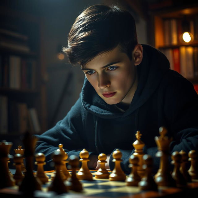 A teenage boy, around 16 years old, wearing a dark hoodie, is deeply focused on a chess game