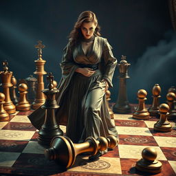 A dramatic and captivating scene set on a giant chessboard, featuring a great master in an elegant robe, exuding pride and self-satisfaction as she sacrifices her minister piece