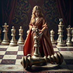 A dramatic and captivating scene set on a giant chessboard, featuring a great master in an elegant robe, exuding pride and self-satisfaction as she sacrifices her minister piece