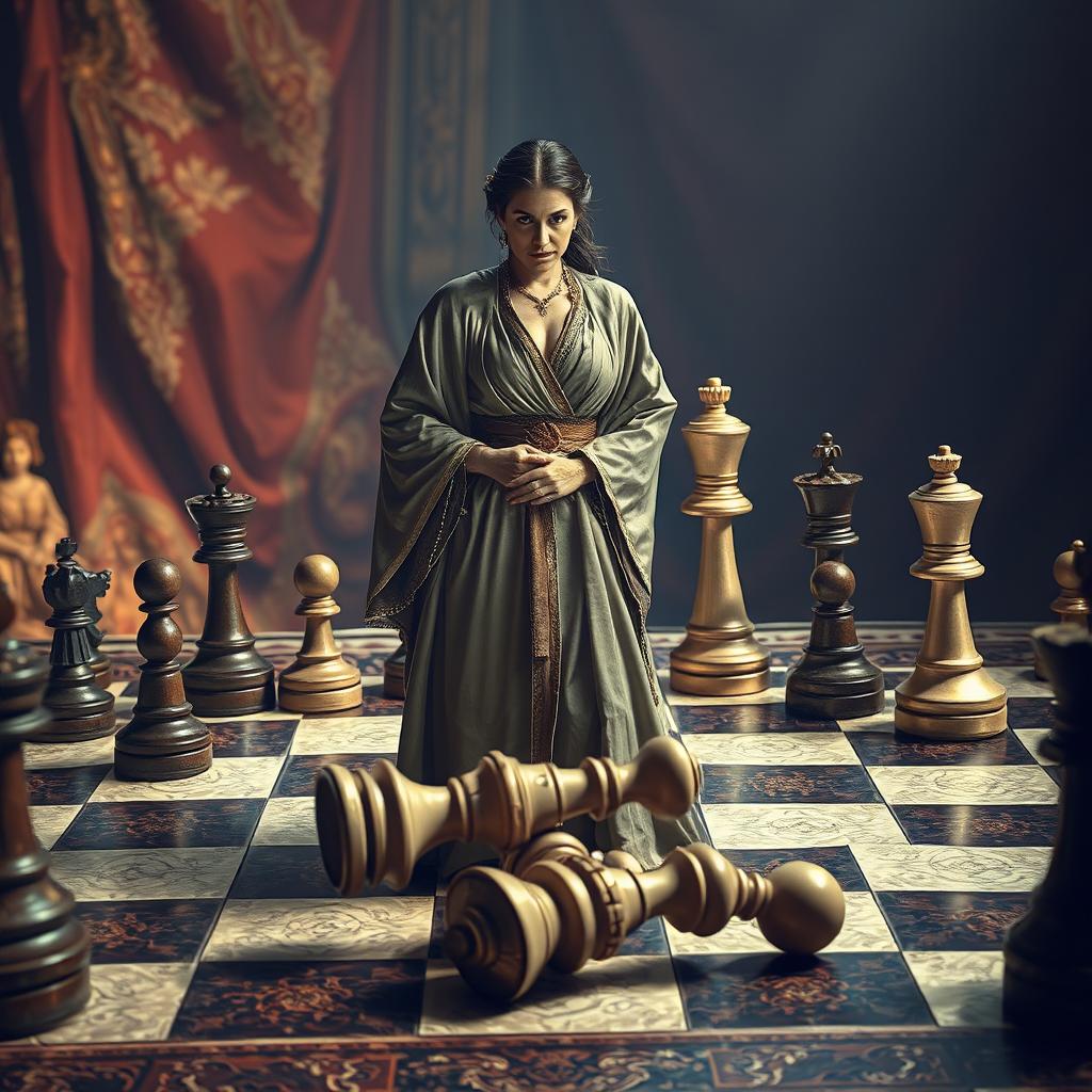 A dramatic and captivating scene set on a giant chessboard, featuring a great master in an elegant robe, exuding pride and self-satisfaction as she sacrifices her minister piece