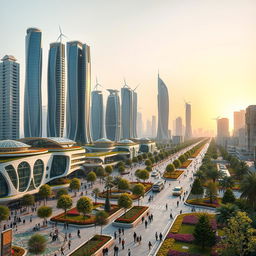 A futuristic city in Iran in the year 2050, showcasing advanced architecture with a blend of traditional Persian elements