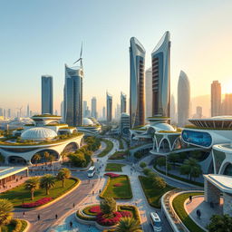 A futuristic city in Iran in the year 2050, showcasing advanced architecture with a blend of traditional Persian elements