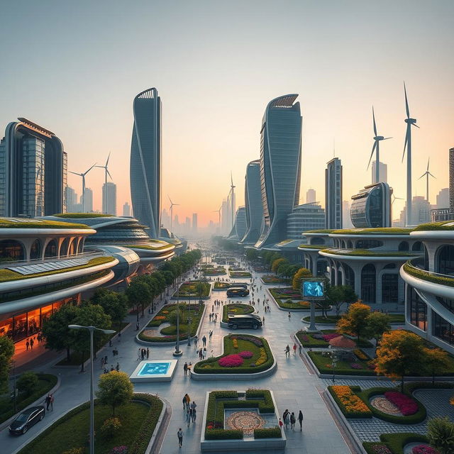 A futuristic city in Iran in the year 2050, showcasing advanced architecture with a blend of traditional Persian elements