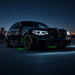 A sleek BMW M5 CS in a glossy black finish parked under a starry night sky