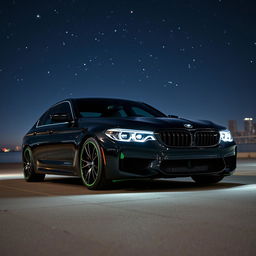 A sleek BMW M5 CS in a glossy black finish parked under a starry night sky