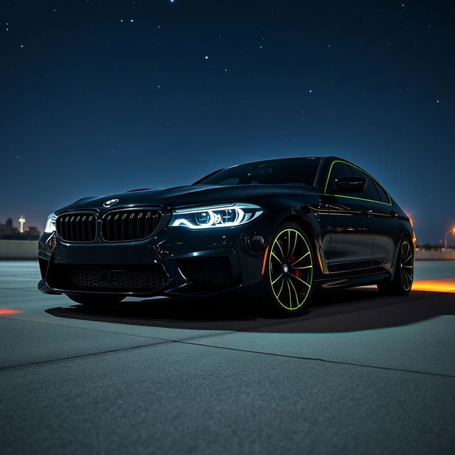 A sleek BMW M5 CS in a glossy black finish parked under a starry night sky