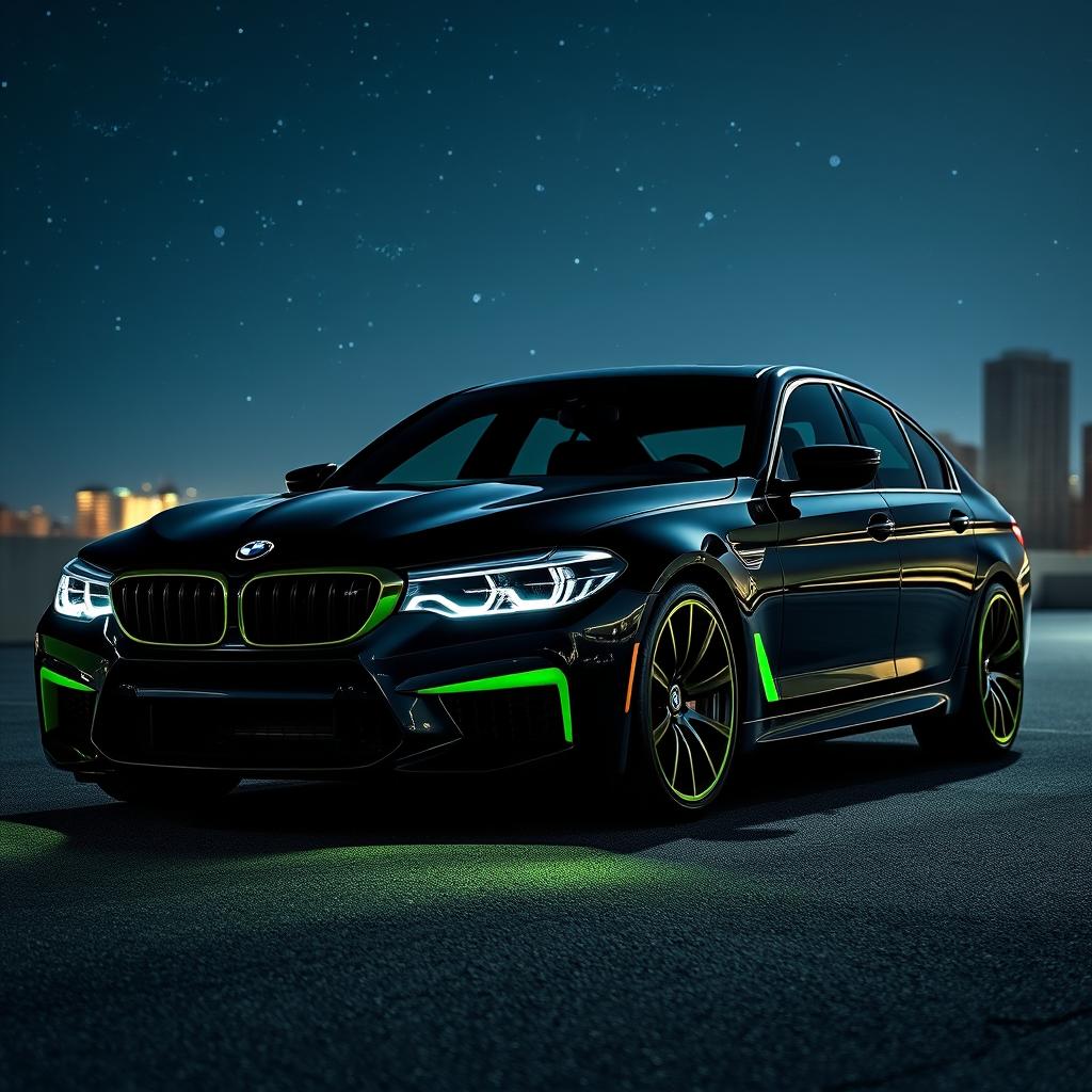 A sleek BMW M5 CS in a glossy black finish parked under a starry night sky