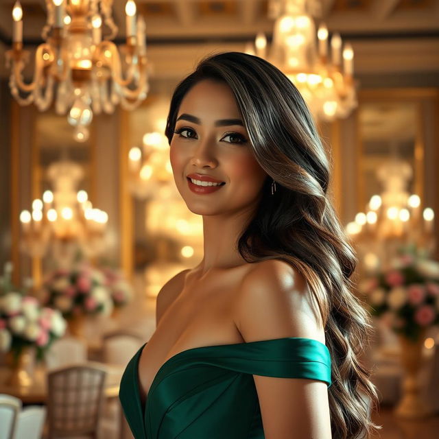 A stunning portrait of Dela Cruz, Meraluna, a sophisticated woman with long, flowing brunette hair dressed in an elegant, emerald-green gown