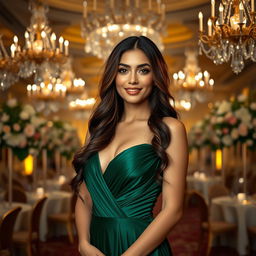 A stunning portrait of Dela Cruz, Meraluna, a sophisticated woman with long, flowing brunette hair dressed in an elegant, emerald-green gown