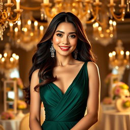 A stunning portrait of Dela Cruz, Meraluna, a sophisticated woman with long, flowing brunette hair dressed in an elegant, emerald-green gown