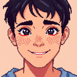 A pixel art representation of a young man with short black hair and charming freckles on his face