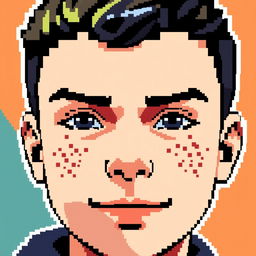 A pixel art representation of a young man with short black hair and charming freckles on his face
