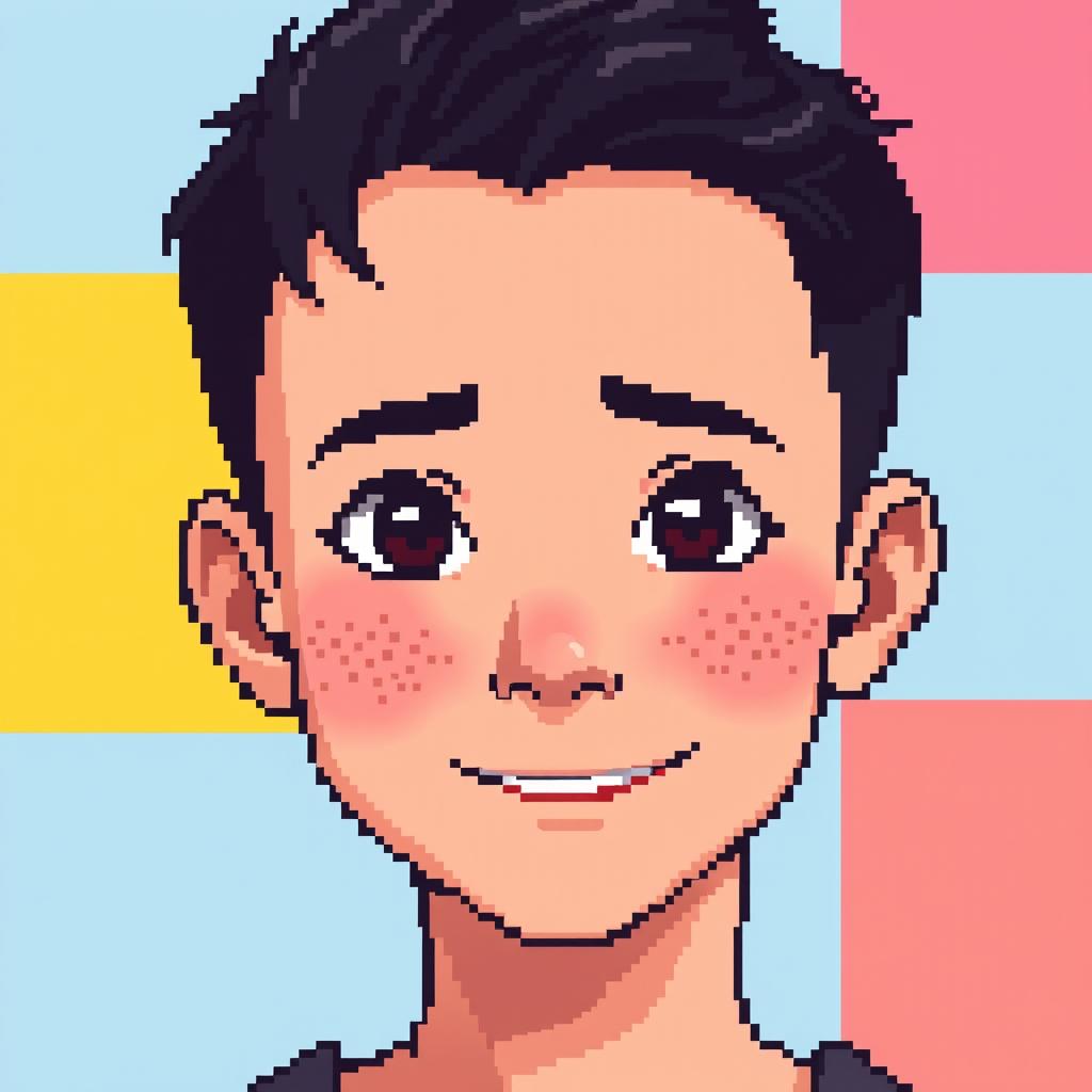 A pixel art representation of a young man with short black hair and charming freckles on his face