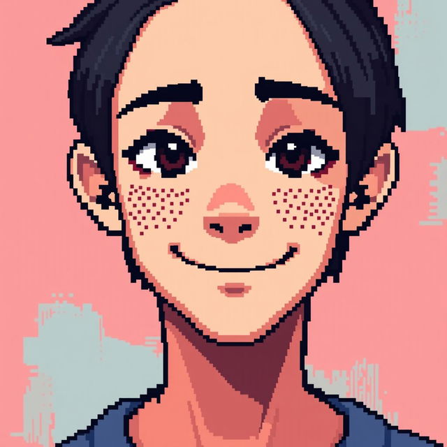 A pixel art representation of a young man with short black hair and charming freckles on his face