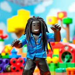 A black male Roblox character with stylish long dreadlocks, wearing a bright blue shirt