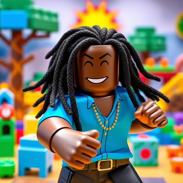 A black male Roblox character with stylish long dreadlocks, wearing a bright blue shirt