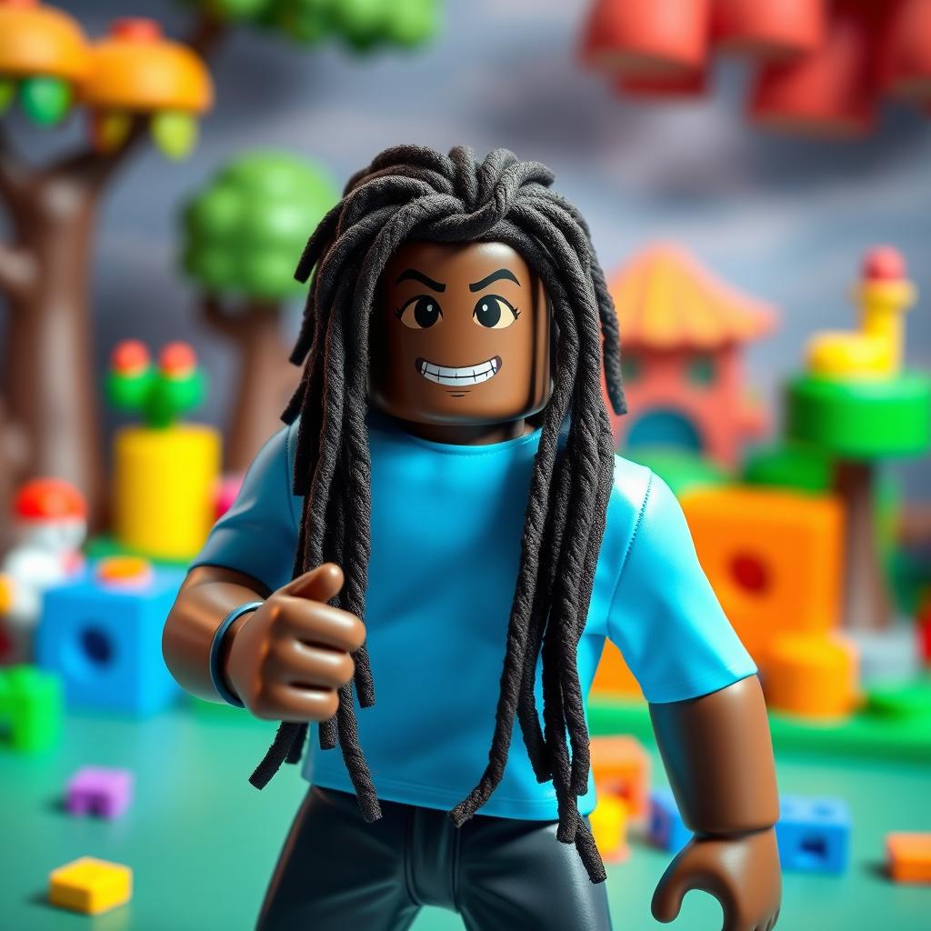 A black male Roblox character with stylish long dreadlocks, wearing a bright blue shirt