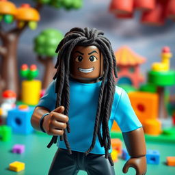 A black male Roblox character with stylish long dreadlocks, wearing a bright blue shirt