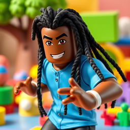 A black male Roblox character with stylish long dreadlocks, wearing a bright blue shirt