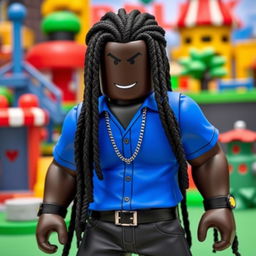 A cool and stylish black Roblox character with long dreadlocks, wearing a vibrant blue shirt