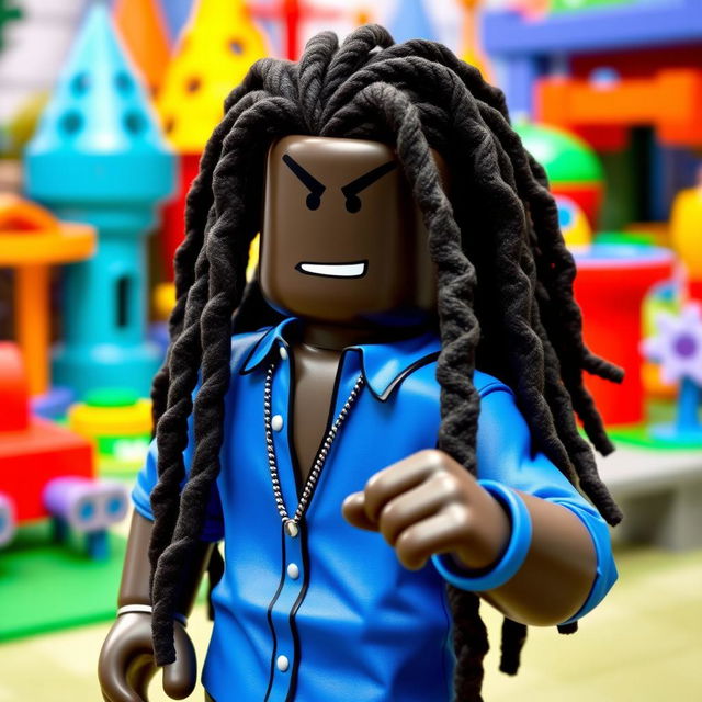 A cool and stylish black Roblox character with long dreadlocks, wearing a vibrant blue shirt