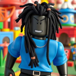 A cool and stylish black Roblox character with long dreadlocks, wearing a vibrant blue shirt