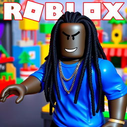 A cool and stylish black Roblox character with long dreadlocks, wearing a vibrant blue shirt
