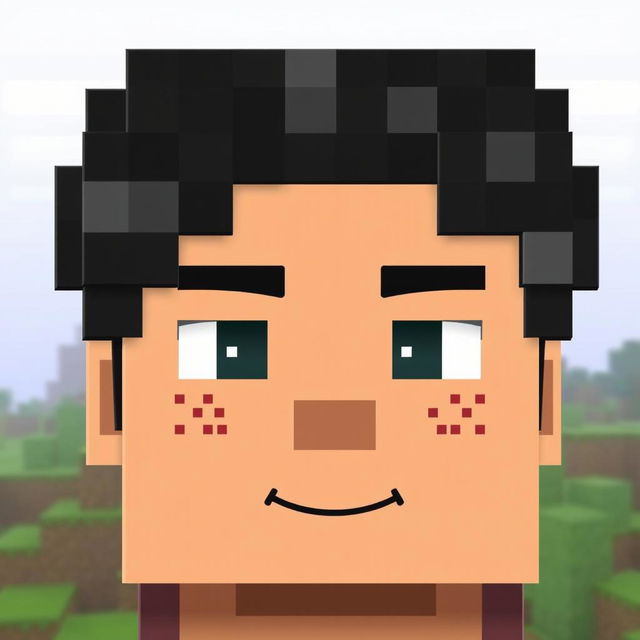 A Minecraft-style depiction of a young man’s face featuring short black hair and distinct freckles