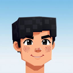 A Minecraft-style depiction of a young man’s face featuring short black hair and distinct freckles