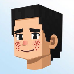 A Minecraft-style depiction of a young man’s face featuring short black hair and distinct freckles