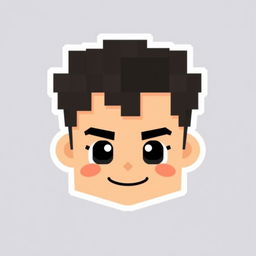 A stylized face of a young male character with short black hair, designed in a pixelated Minecraft style