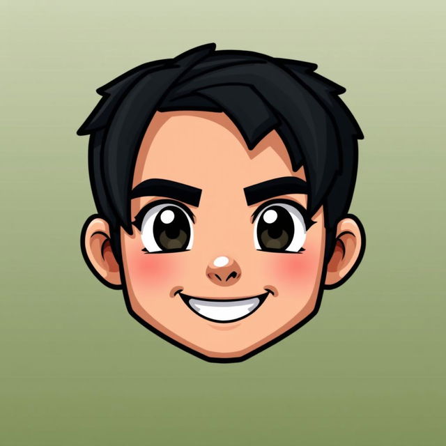 A stylized face of a young male character with short black hair, designed in a pixelated Minecraft style