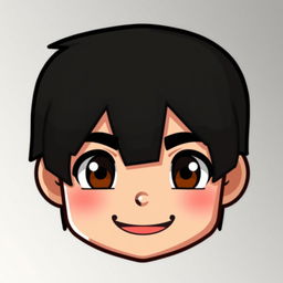 A stylized face of a young male character with short black hair, designed in a pixelated Minecraft style