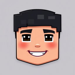 A stylized face of a young male character with short black hair, designed in a pixelated Minecraft style