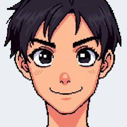A detailed pixel art depiction of a young male character's face with short black hair