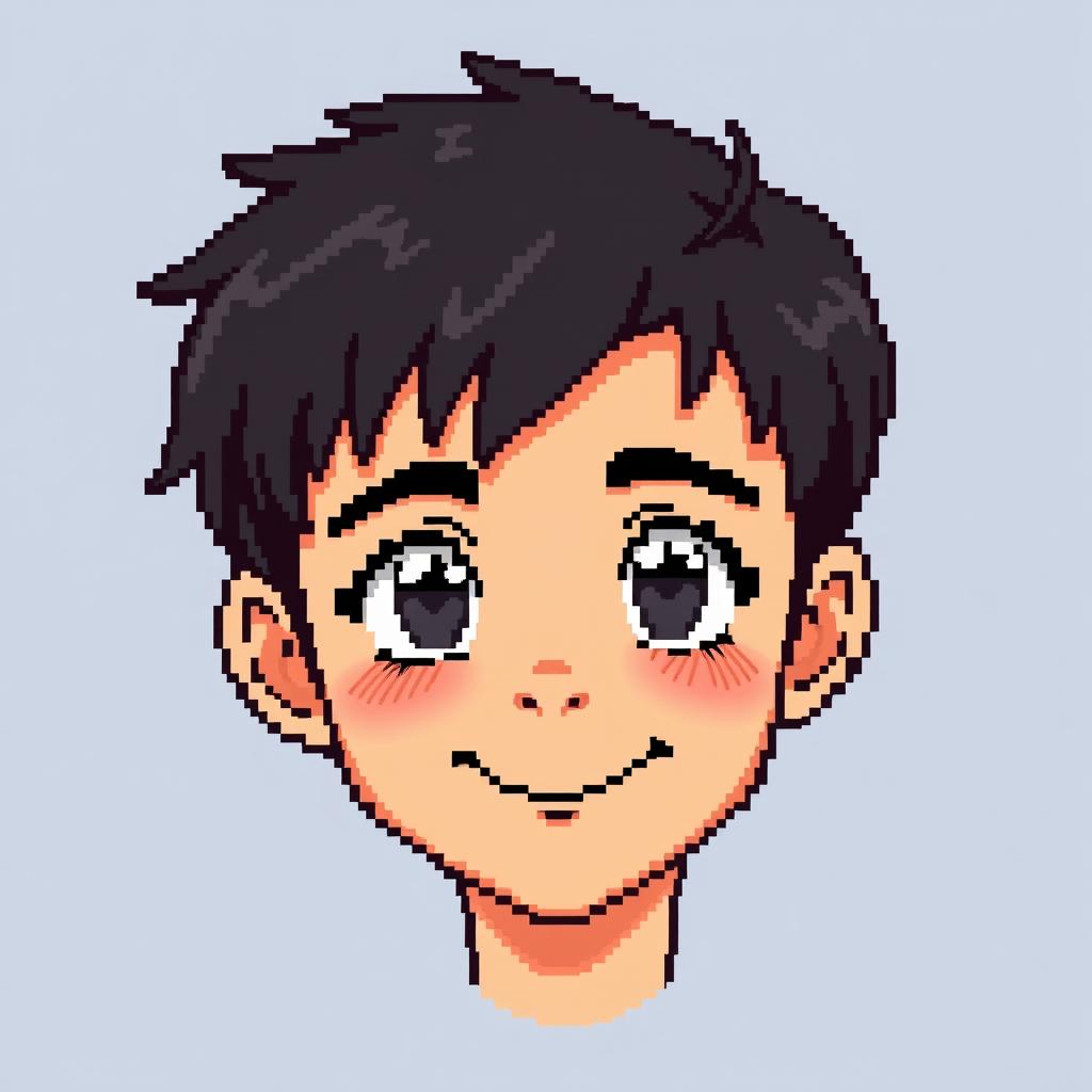 A detailed pixel art depiction of a young male character's face with short black hair