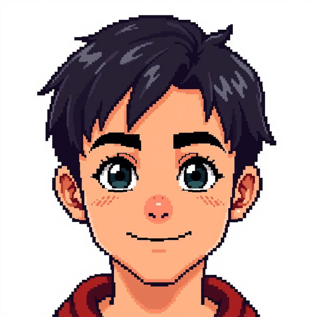 A detailed pixel art depiction of a young male character's face with short black hair