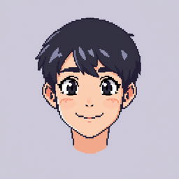 A detailed pixel art depiction of a young male character's face with short black hair