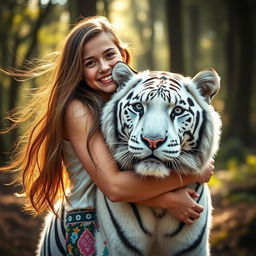A young woman with long flowing hair joyfully hugging a majestic white tiger in a serene forest setting