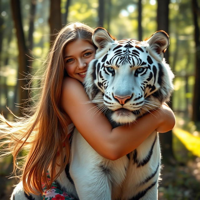 A young woman with long flowing hair joyfully hugging a majestic white tiger in a serene forest setting