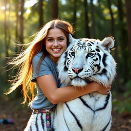 A young woman with long flowing hair joyfully hugging a majestic white tiger in a serene forest setting