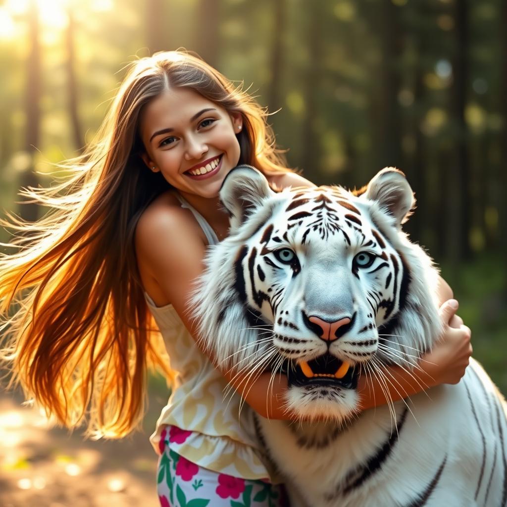 A young woman with long flowing hair joyfully hugging a majestic white tiger in a serene forest setting