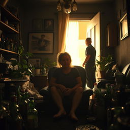 A solitary woman, deeply entrapped in the struggles of addiction, sitting in her cluttered, dimly lit living room filled with empty bottles and unkempt surroundings