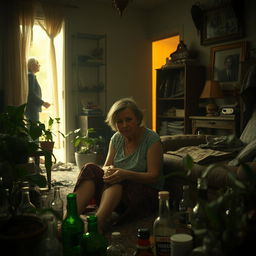 A solitary woman, deeply entrapped in the struggles of addiction, sitting in her cluttered, dimly lit living room filled with empty bottles and unkempt surroundings
