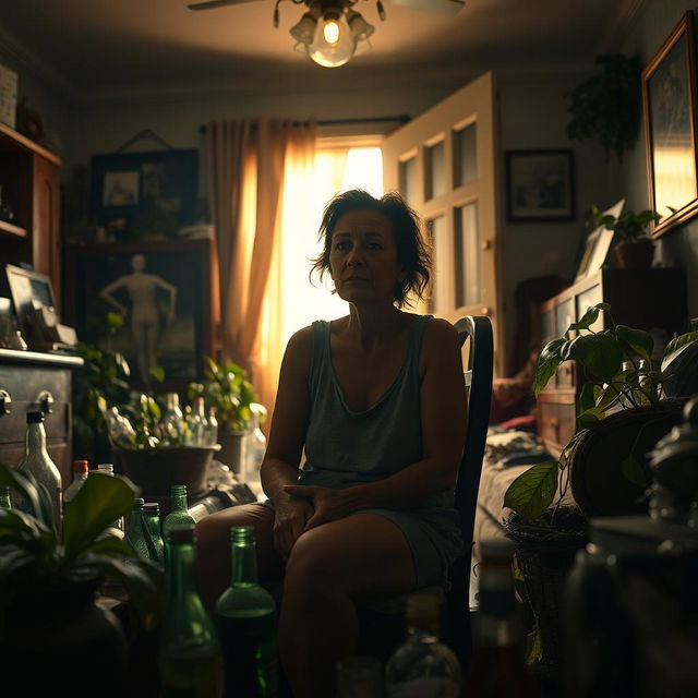 A solitary woman, deeply entrapped in the struggles of addiction, sitting in her cluttered, dimly lit living room filled with empty bottles and unkempt surroundings