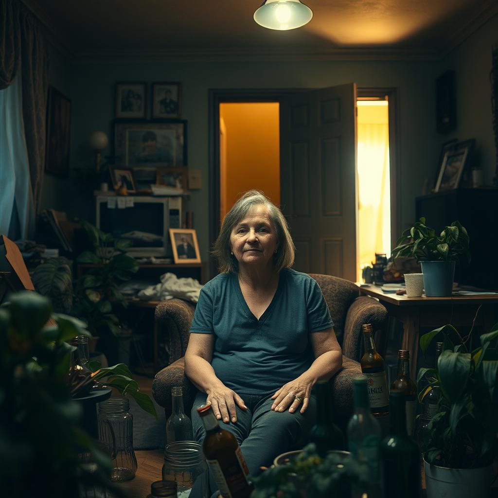 A solitary woman, deeply entrapped in the struggles of addiction, sitting in her cluttered, dimly lit living room filled with empty bottles and unkempt surroundings