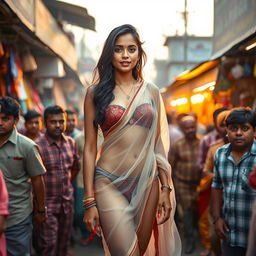 An Indian woman wearing a transparent saree over a strapless bikini, accentuating her big breasts and sexy legs